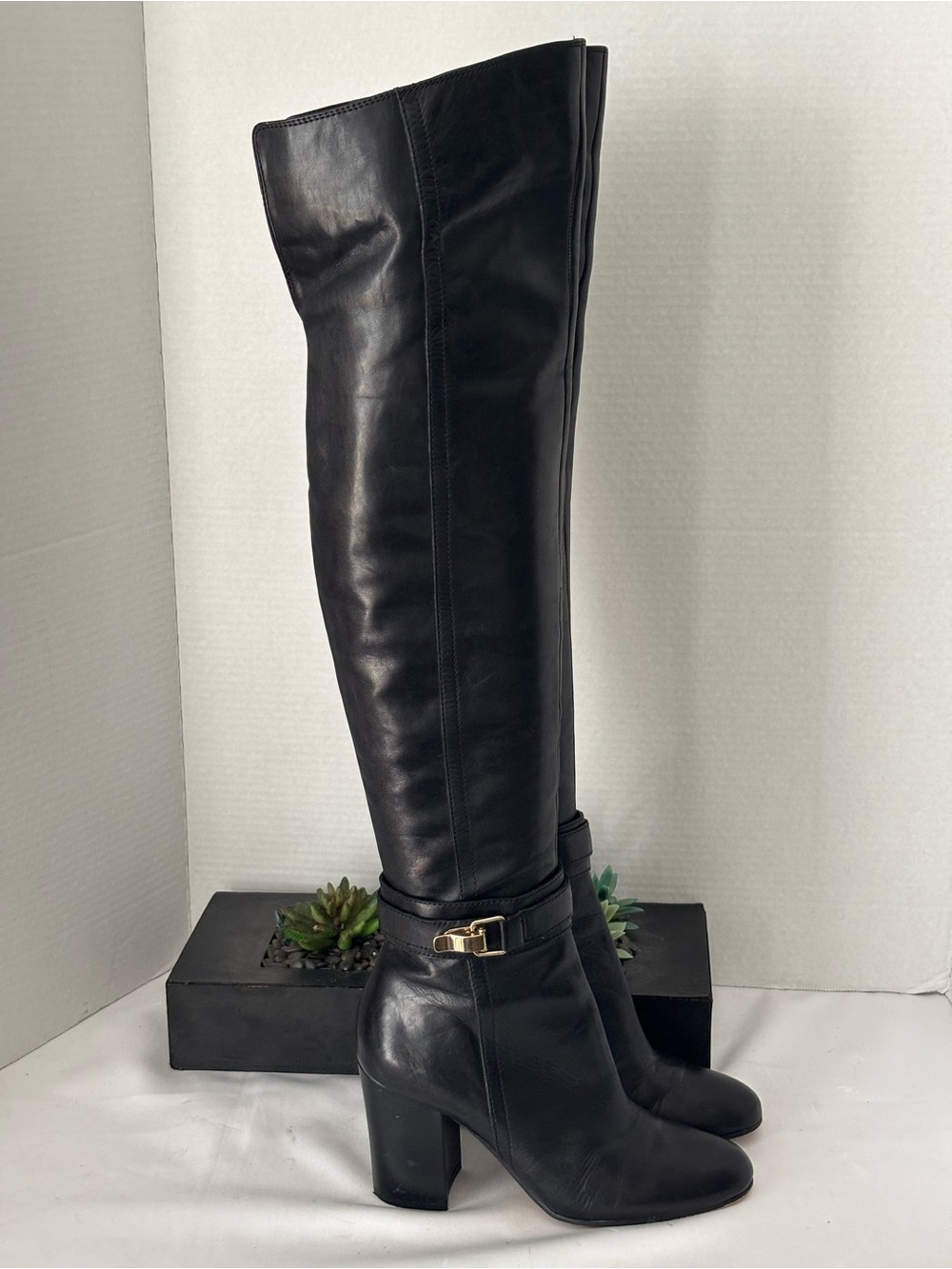 Sam Edelman Black Leather Over-the-Knee Block Heel Boots  W/ Ankle Buckle SZ 7.5 - Picture 6 of 15